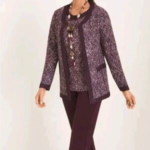 CHICOS Travelers Open Front Bouclé Knit Cardigan Purple Wrinkle Free Large 12/14